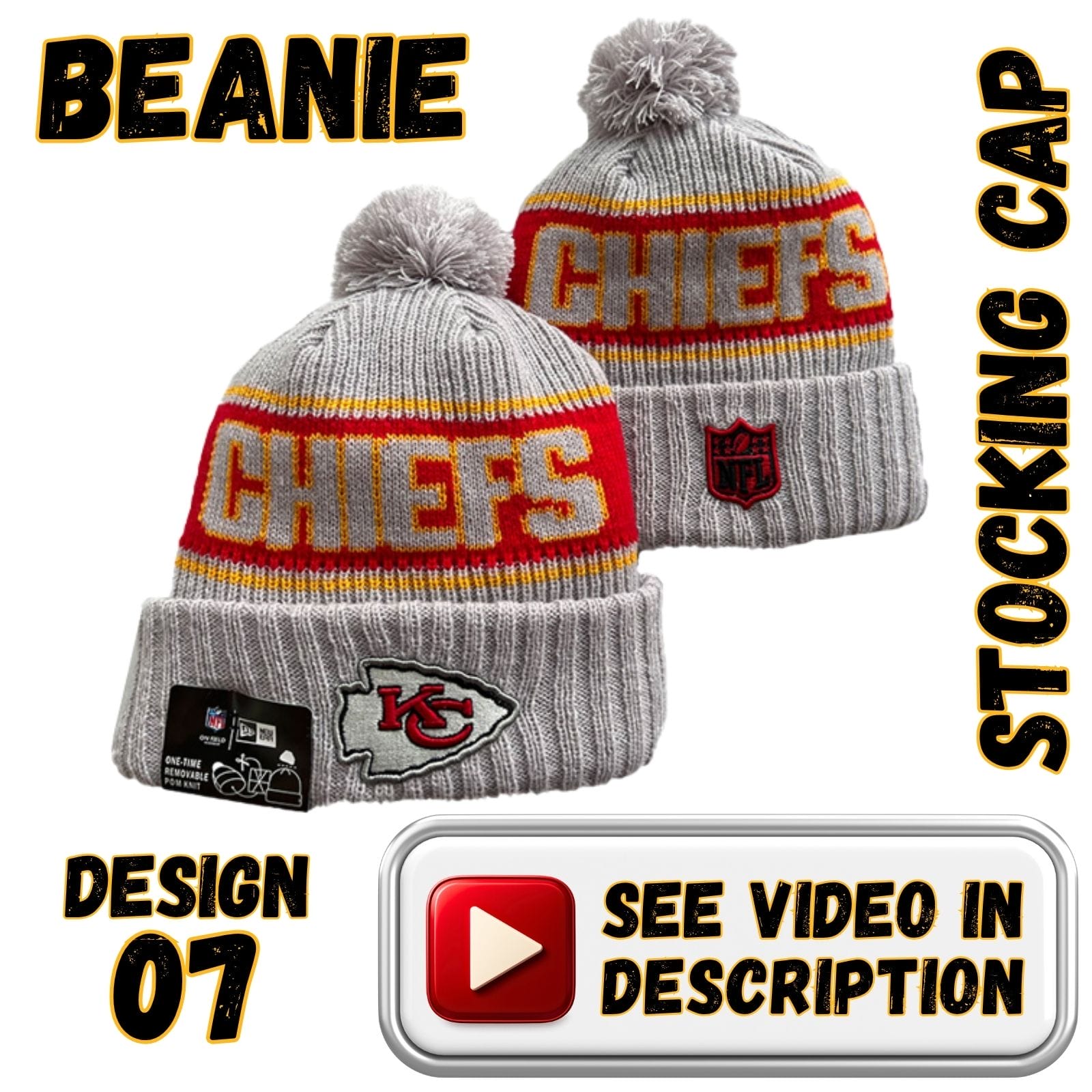 Heather Grey Crown & Cuff, Red “CHIEFS” Band w/ Grey Pom (07)