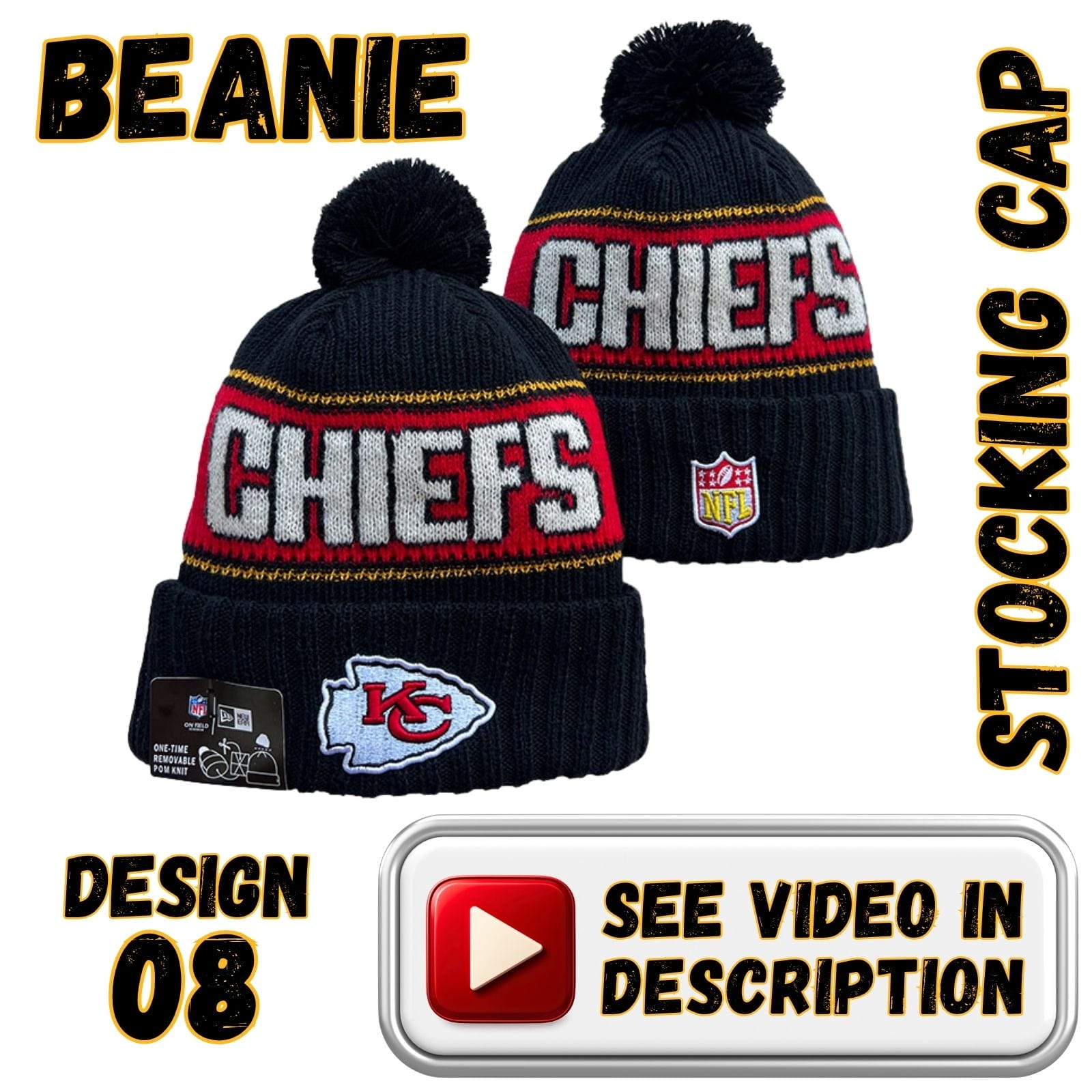 Black Crown, Red “CHIEFS” Band w/ Yellow Trim & Black Pom (08)