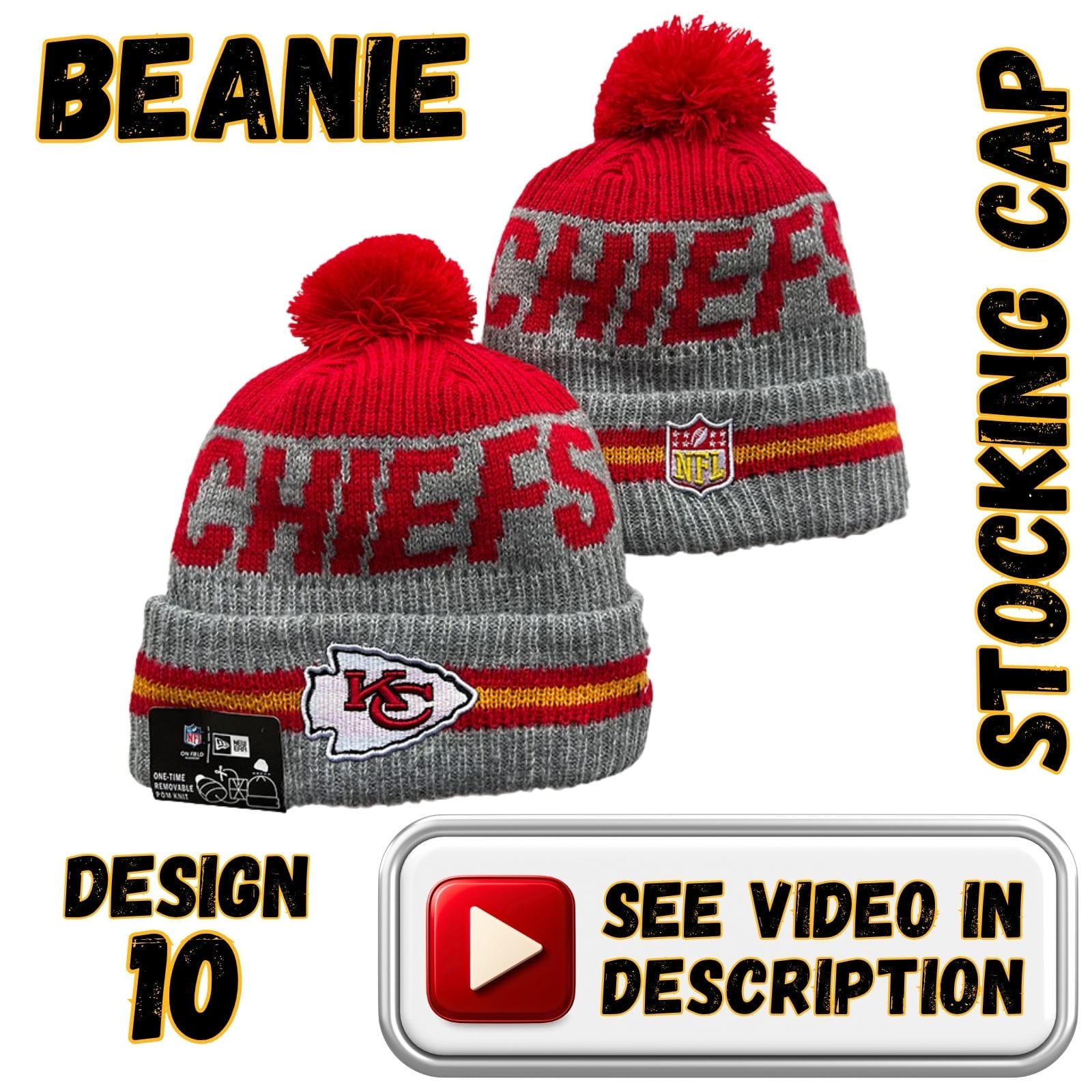 Red Crown, Grey Band w/ Red “CHIEFS,” Heather Grey Cuff & Red Pom (10)