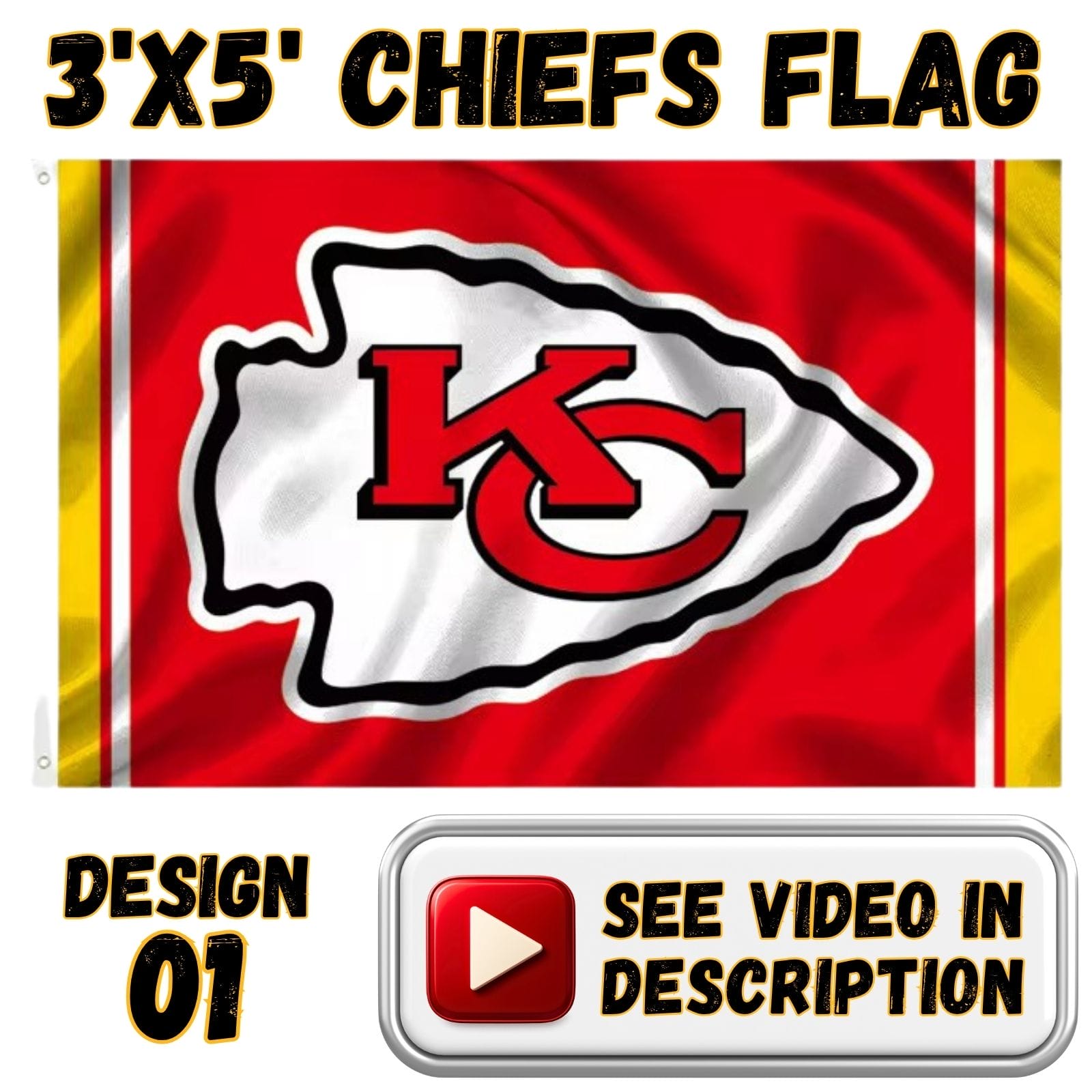 Chiefs 3'x5' Flag - Design #01 - Arrowhead with Gold Sides