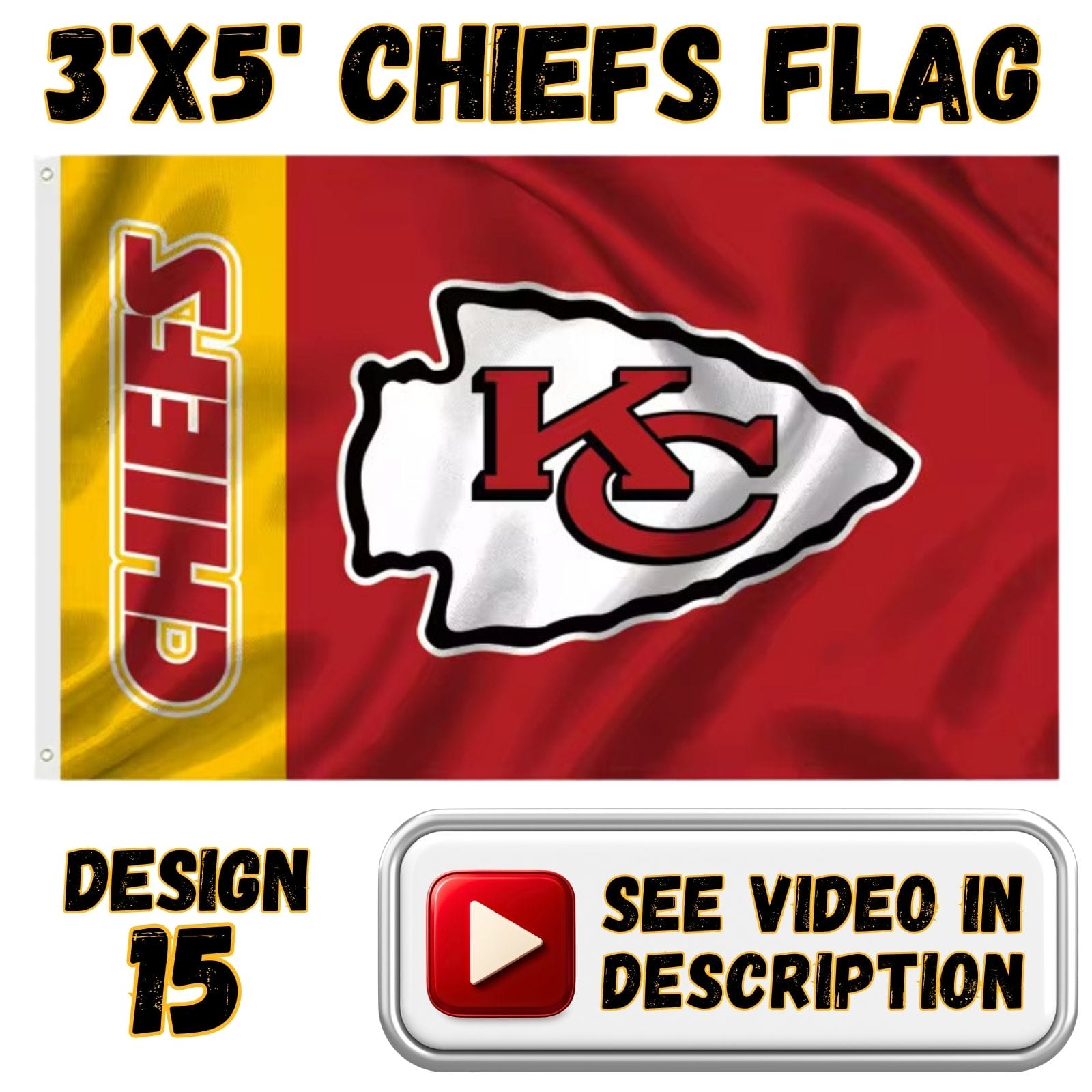 Chiefs 3'x5' Flag - Design #15 - Chiefs Arrowhead Gold & Red