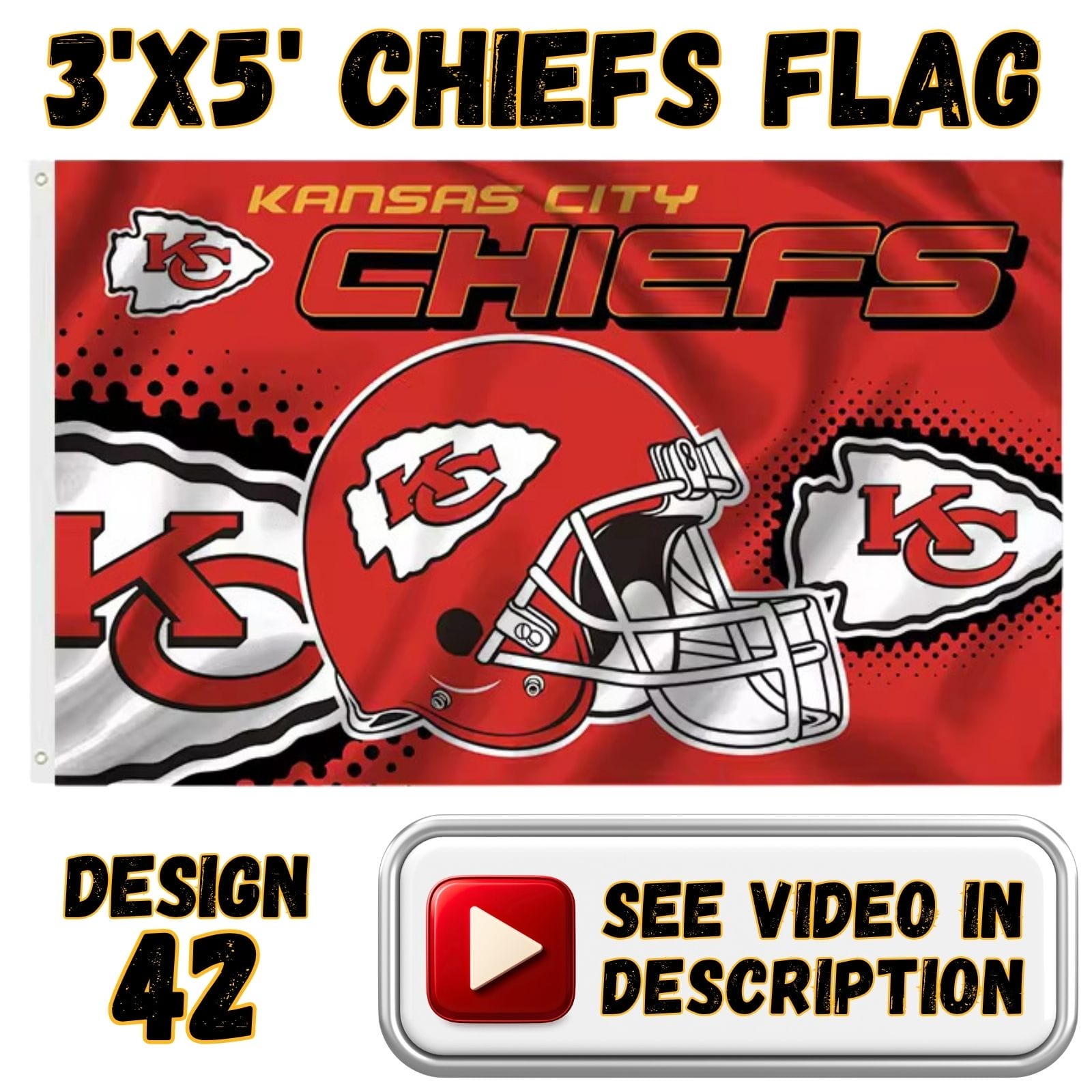 Chiefs 3'x5' Flag - Design #42 - Helmet & Arrowheads