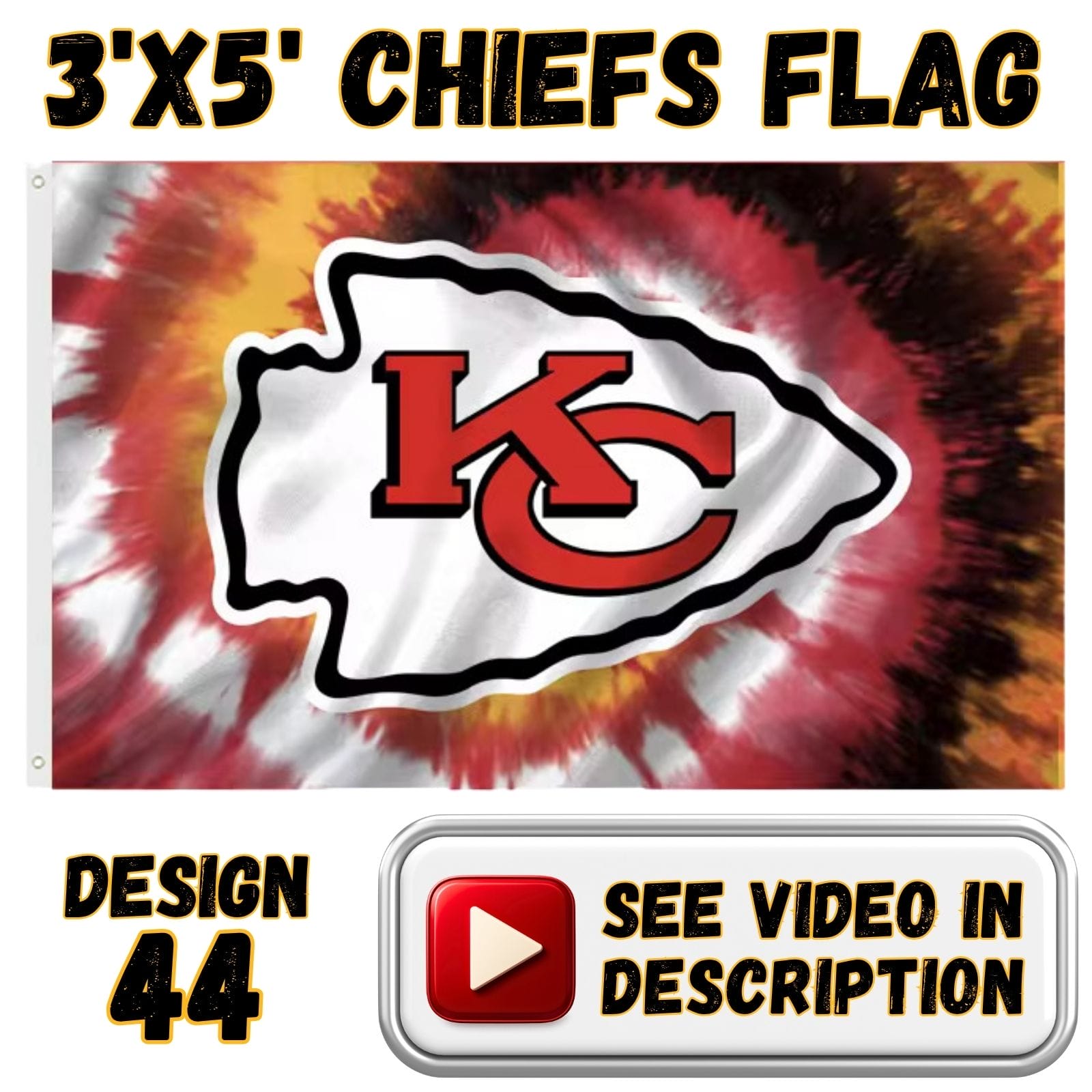 Chiefs 3'x5' Flag - Design #44 - KC Arrowhead on Tie Dye