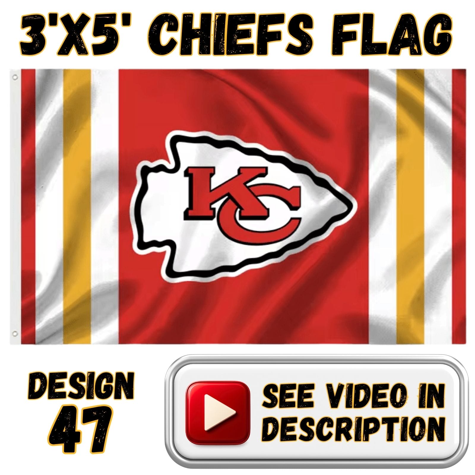 Chiefs 3'x5' Flag - Design #47 - KC Arrowhead with Gold Vertical Bars