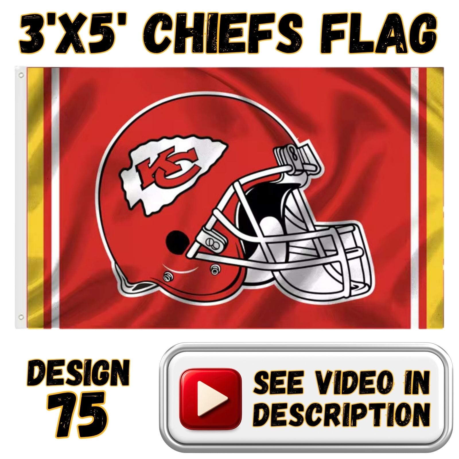 Chiefs 3'x5' Flag - Design #75 - KC Helmet with Gold Vertical Stripes