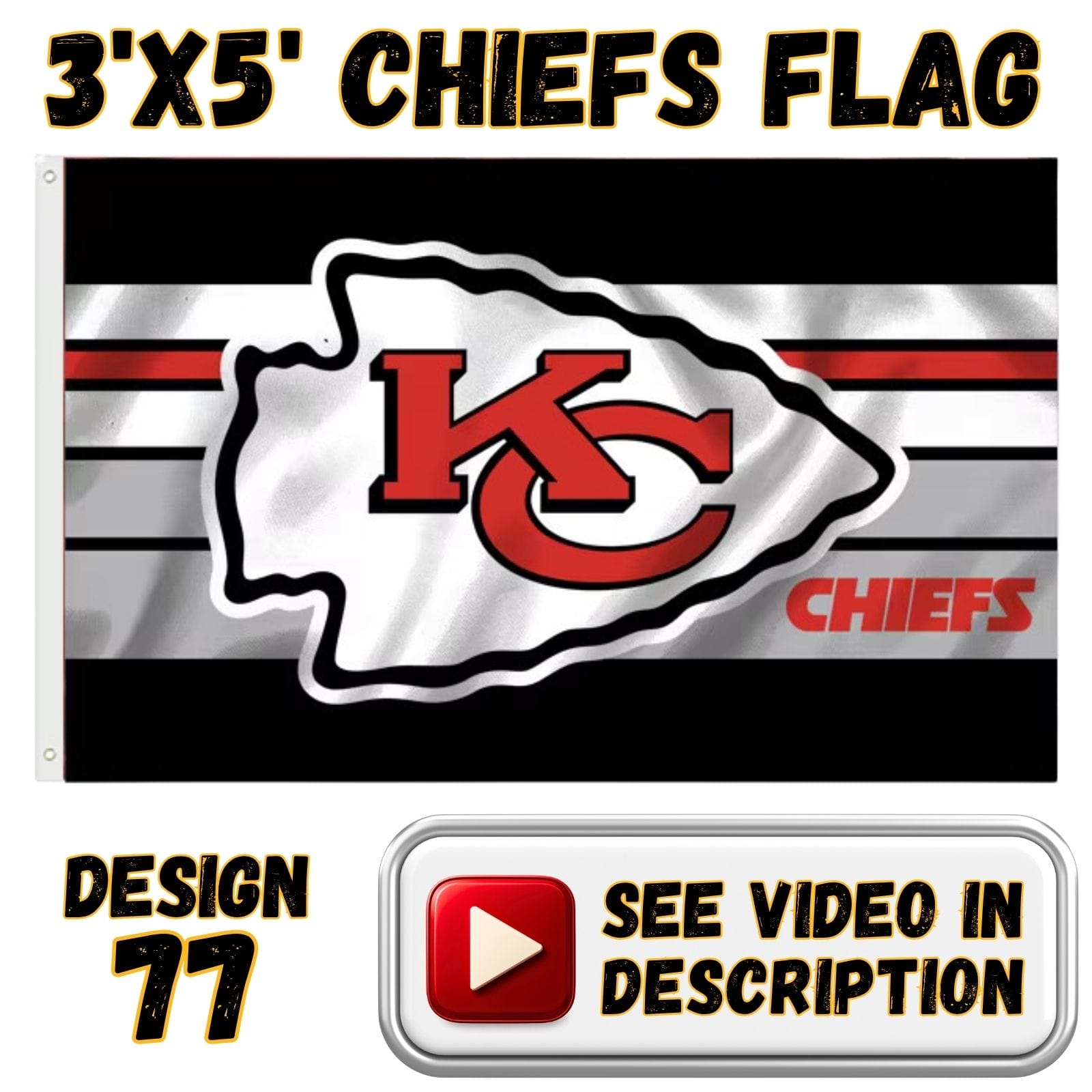 Chiefs 3'x5' Flag - Design #77 - KC Chiefs on Black and Gray
