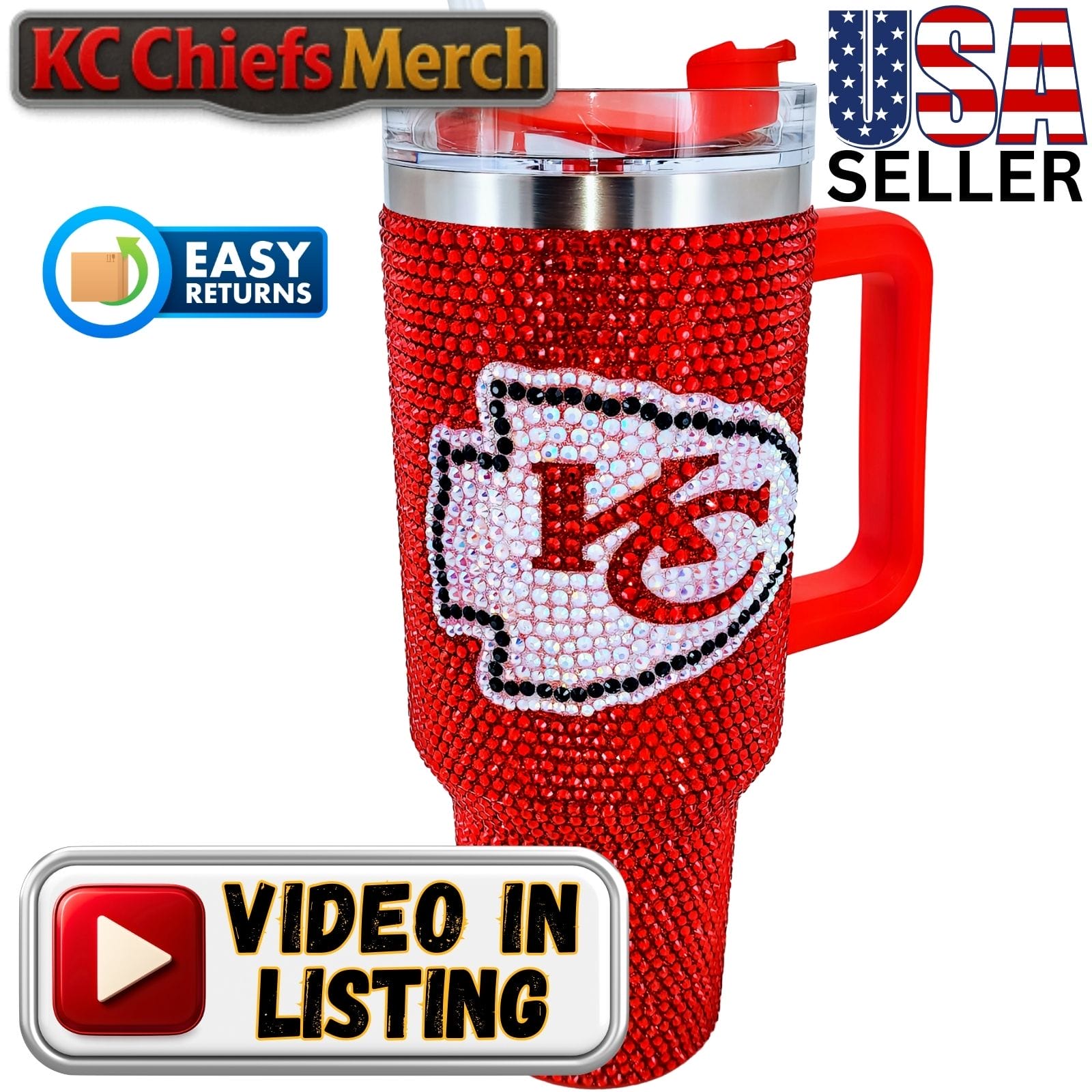 Kansas City Chiefs 40oz Rhinestone Tumbler – Bling Game Day Mug & Tailgate Fan Gift