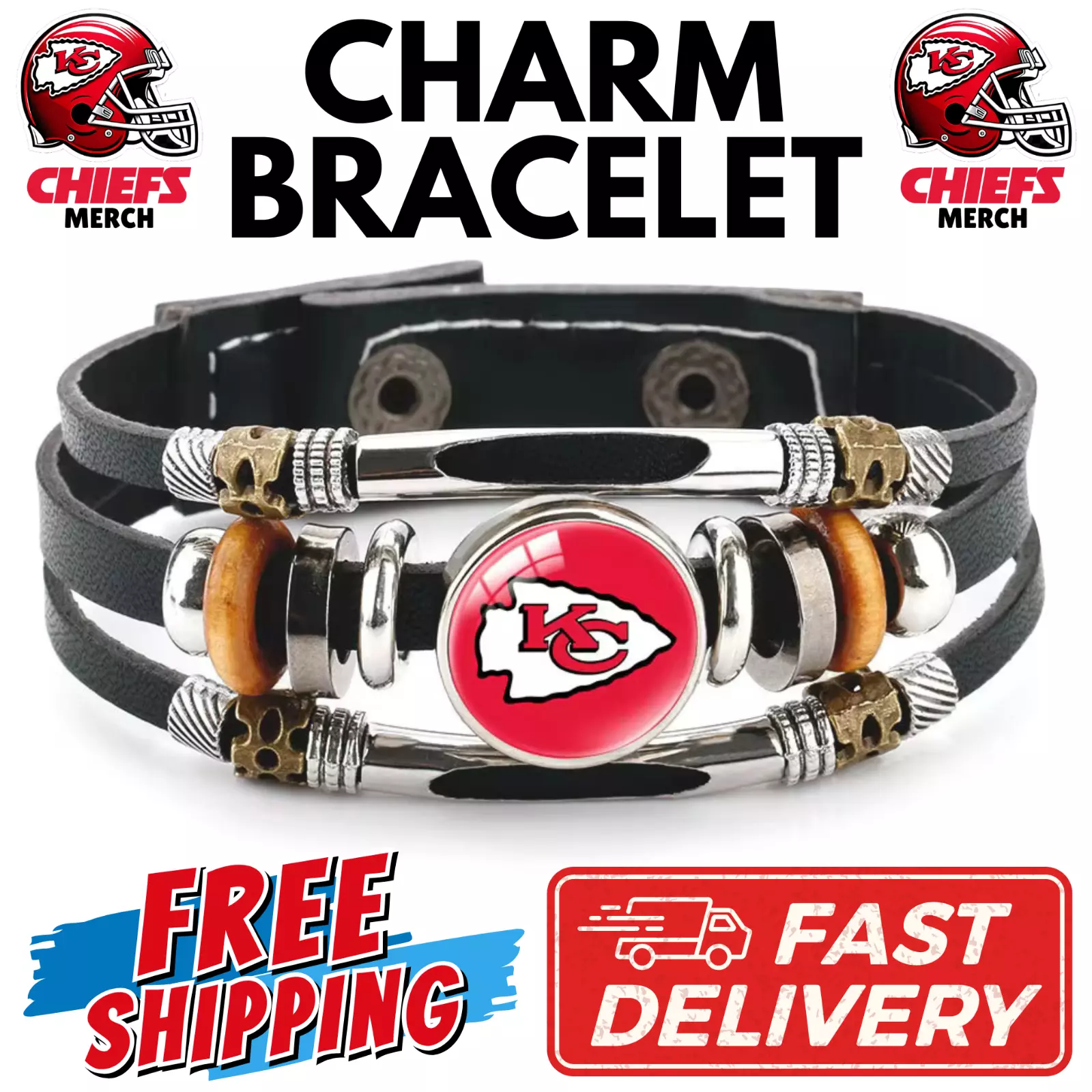 KC Chiefs Black Leather Adjustable Bracelet