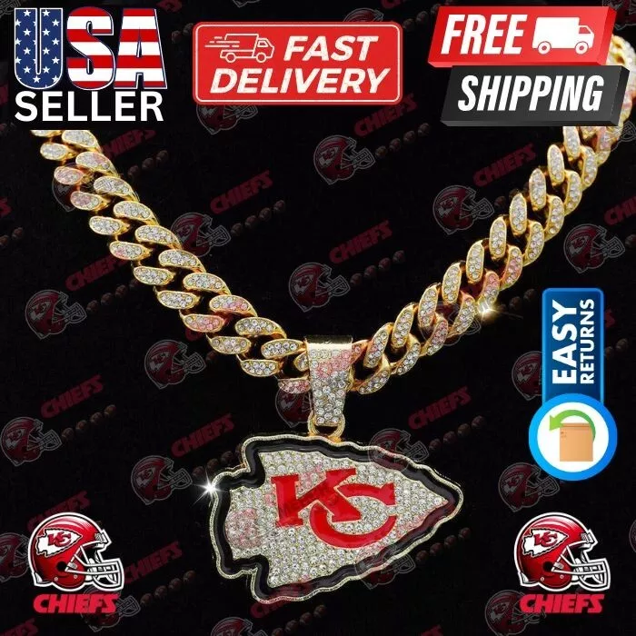 🏆✨ KC CHIEFS GOLD GEM BLING NECKLACE 🏈 SPARKLING PENDANT + 20” ICED LINK CHAIN