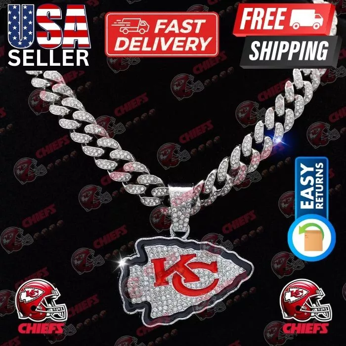 🏆✨ KC CHIEFS SILVER GEM BLING NECKLACE SPARKLING PENDANT + 20” ICED LINK CHAIN